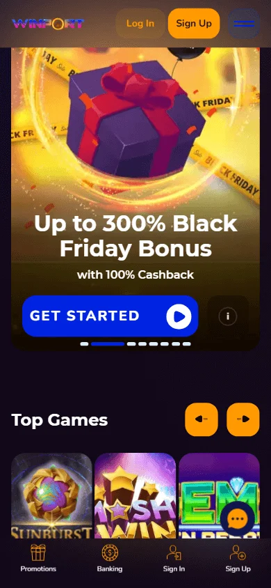 Winport Casino games area on a mobile device
