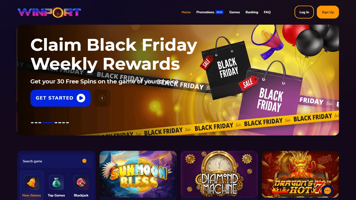 Winport Casino home page on a desktop device